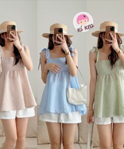 Set áo babydoll 2 dây kẻ xanh xốp kèm quần sooc trắng xixeoshop - V42