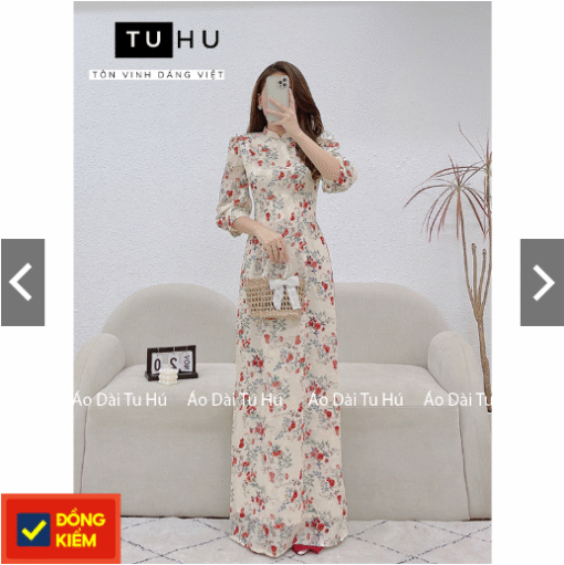 Áo dài hoa nhí đỏ 4 tà tay lỡ