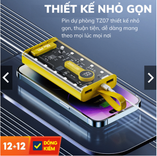 Sạc Dự Phòng Trong Suốt 20000mAh TZ07 Với 2 Cổng Sạc Nhanh 22.5w và PD 20W Kèm 4 Đầu Sạc Màn Hình LED- TECHHIN