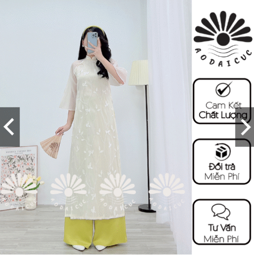 [Sẵn Hàng] Áo dài cách tân 4 tà hoa thêu nổi, áo dài cách tân dáng suông