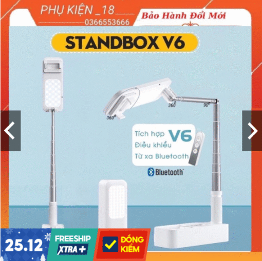 [BẢO HÀNH 6TH] Đèn Livestream Standbox V6 có tay đỡ nằm ngang gập gọn đa năng xoay 360 độ, điều khiển chụp ảnh từ xa