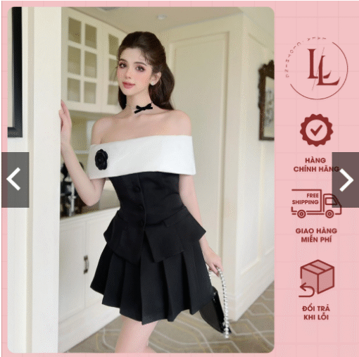 Đầm trễ vai cúp ngực sexy phong cách tiểu thư, Váy dự tiệc nữ chất trượt Hàn thiết kế hoa cài ngực sang trọng