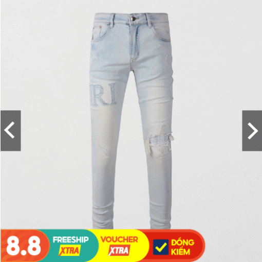 Amiri Fashionable new men's light blue jeans washed and nostalgic. Broken hole patch street trend hip-hop elastic slim fit high-quality jeans